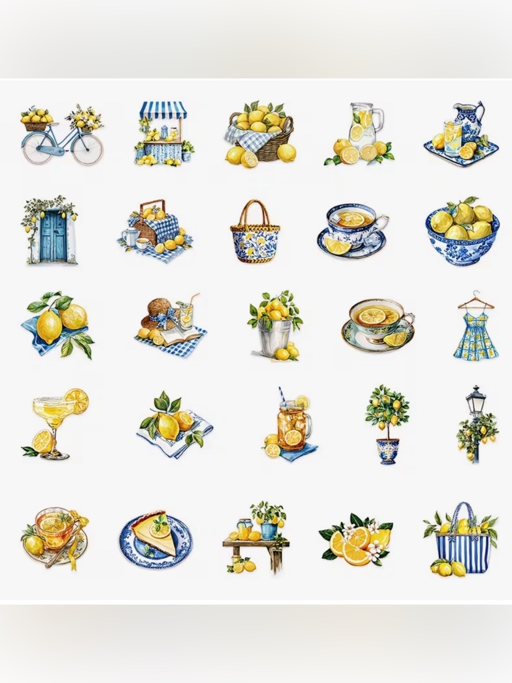 50 Blue & Yellow Lemon Stickers Mediterranean Citrus Drinks Fruit Tote Pie - Picture 2 of 9